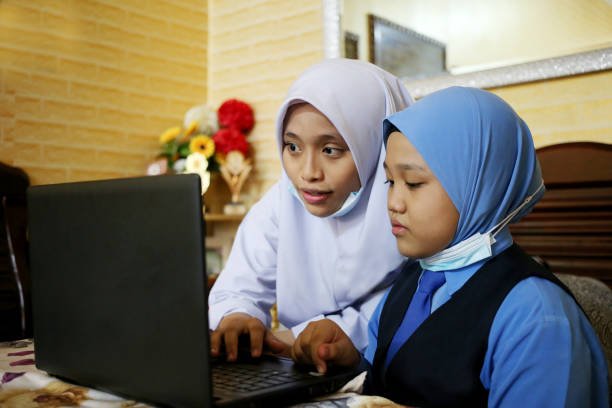 Two Muslim sisters are using laptop for learn quranic education