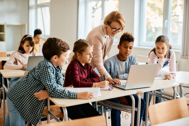 Elementary teacher and students using a laptop in class—contact us to get started