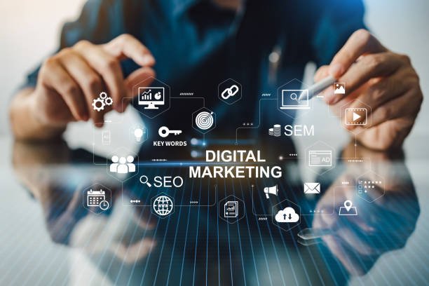 About us Digital marketing business technology concept. Website advertisement email social media network, SEO, SEM video and mobile application icons in virtual screen.